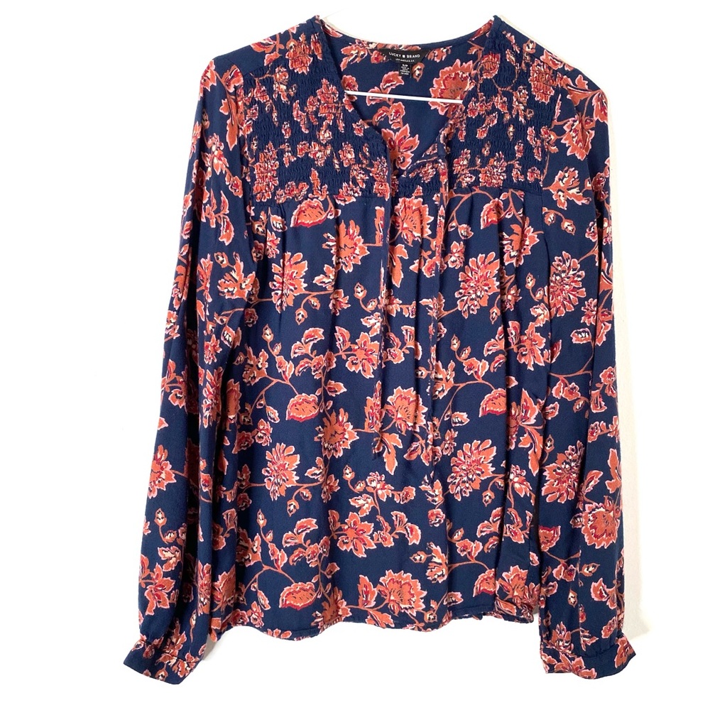 Lucky Brand Womens Bohemian Navy Rose Floral Long Sleeve Blouse Size Small - Picture 2 of 8